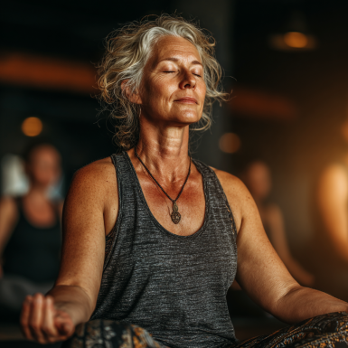 Група възрастни хора практикуват йога в спокойна атмосфера