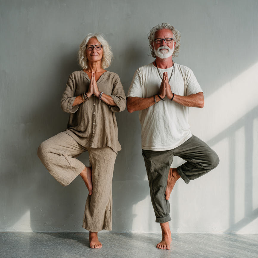 Щастливи възрастни хора се усмихват след йога занятие